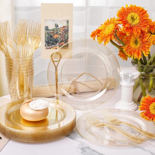 WELLIFE 150-Piece Gold Dessert Plates,Includes 50 Gold Glitter Party Plates,50 Cups & 50 Forks -Plastic Disposable Tableware Set for 50 Guests,Birthday Party,Wedding,Thanksgiving&Fall Decor