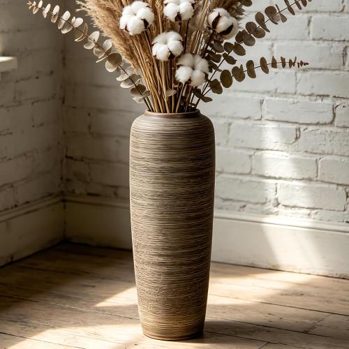 19.7 Inch Rustic Ceramic Large Floor Vase, Ribbed Textured Rustic Farmhouse Vase for Pampas Grass, Living Room & Entryway Décor, Handmade Ceramic Accent