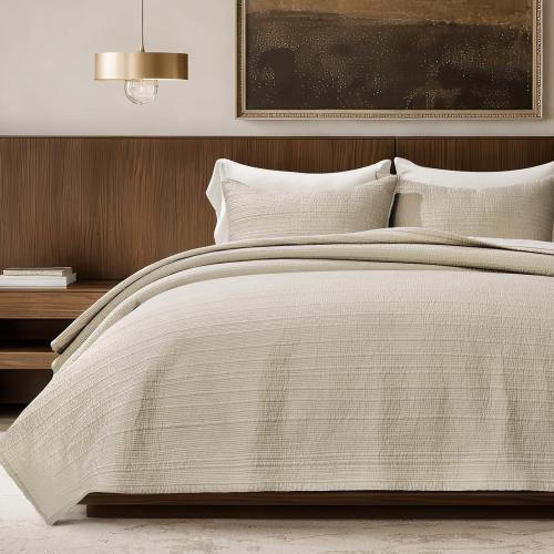 EVERGRACEHOME Channel Stitch 100% Cotton Quilt Set King Size, Pre-Washed Cotton Sateen Coverlet Bedspread, 3-Piece Soft & Breathable Bedding Set with 2 Shams for All Seasons, Parchment
