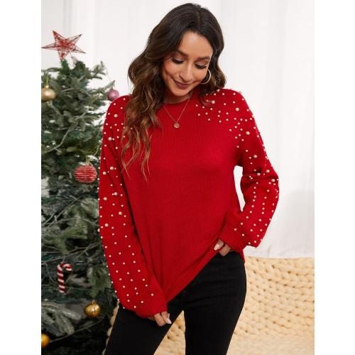 Size XL Blooming Jelly Women's Chunky Sweater Crewneck Sweatshirt Knit Lantern Sleeve Oversized Pullover Sweater with Pearls