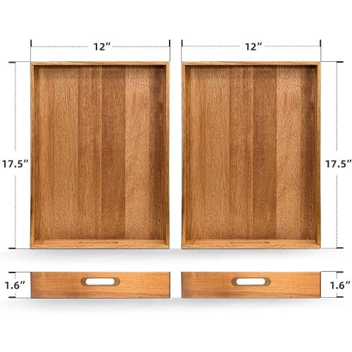 2pk Acacia Wood Serving Tray with Handles – Decorative Serving Trays Platter for Breakfast in Bed, Lunch, Dinner, Patio, Ottoman, Coffee Table, BBQ, Party –Great for Lap &Couch