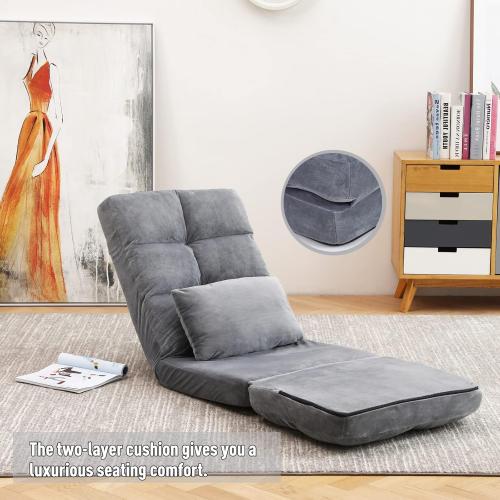 Indoor Floor Chaise Lounge Sofa Chair for Adults, 14-Angle Adjustable Recliner with Back Support & Pillow, Foldable Floor Lounger, Comfort for Living Room, Reading, Relax - Grey