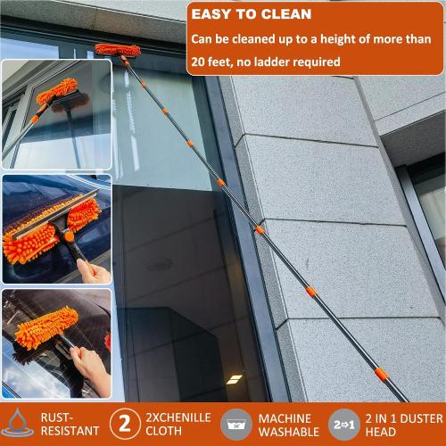 Orange 20  Feet High Reach Duster Kit with 3-14 ft Extension Pole // High Ceiling Dusting and Window Cleaning Kit with Spliceable Pole - Window Washer & Squeegee, Cobweb Duster, Fan Blade and Feather Dusters