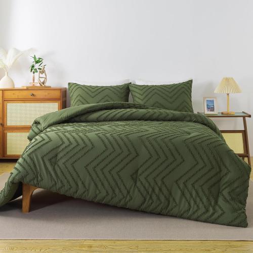 Andency Olive Green Comforter Set King Size, Boho Soft Fluffy Warm Lightweight Bedding Comforter Sets for King Bed, 3 Pieces Chevron Tufted Aesthetic Microfiber Lightweight Comforter Set