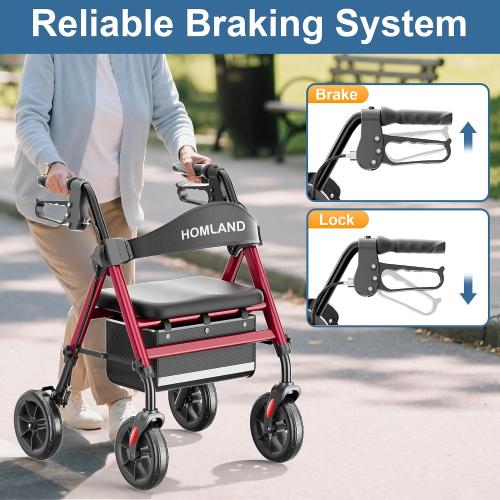 HOMLAND Rollator Walker for Seniors with Seat, Foldable Lightweight Aluminum Rolling Walker with 8 All-Terrain Wheels, Adjustable Height, Storage Bag & Hand Brakes, Ergonomic Indoor Outdoor Aid
