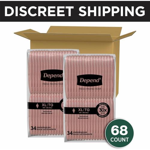 Set of 2 Depend Fresh Protection Adult Diapers, Incontinence & Postpartum Bladder Leak Underwear for Women, Disposable, Maximum, Extra-Large, Blush, 68 Count (2 Packs of 34), Packaging May Vary