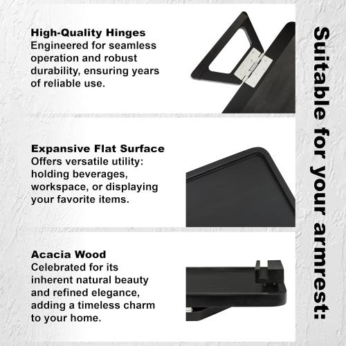 VICTORY RELAX Acacia Wood Arm Table (15.35 D x 9.8 W x 5.7 H), Couch Arm Tray for TV Dinners, Remote, Foldable Armrest Organizer, Rectangular Sofa Armrest Tray - Black