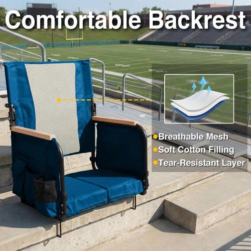 behairity Extra Wide Stadium Seats with Back Support, Bleacher Chairs with High Back and Cushion, Padded Portable Fording Bleacher Seat with Armrests, Cup Holder and Storage Pockets (Blue)