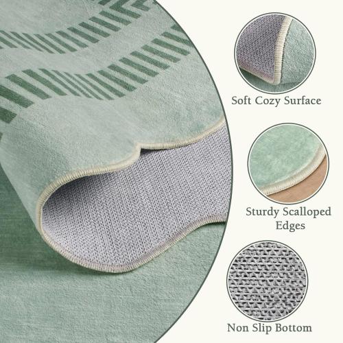 Washable 8x10 Rugs for Living Room Bedroom, Non-Slip Sage Green Indoor Carpet for Dining Room Office, Ultra Thin Scalloped Soft Carpets for Kids Nursery Playroom