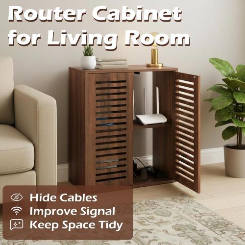 WiFi Router Storage Cabinet, Floor Standing Router Storage Box Modem, Multi-Functional Router Storage Box, Power Strip and Cable Management Hider Organizer for Living Room, Office, Bedroom, Walnut