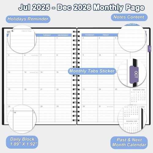 Monthly Planner 2026 (7.4'' x 9.6''), Jul 2025-Dec 2026, 18 Months Calendar Academic Planner, Agenda with Bookmark & Pocket, Perfect for School & Work, 120GSM Paper, Black