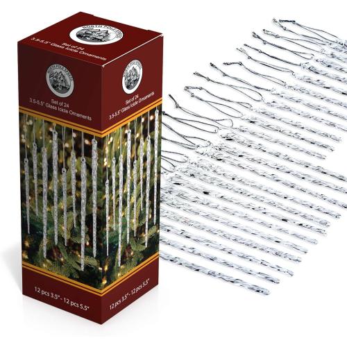 Twisted Clear Glass Icicle Christmas Ornaments for Christmas Trees - Set of 24 Icicles Christmas Tree Decorations - Christmas Tree Ornaments Crystal