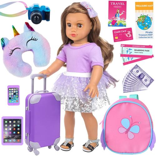 K.T. Fancy 23 pcs American 18 Inch Doll Accessories Suitcase Travel Luggage Play Set for 18 Inch Doll Travel Carrier, Sunglasses Camera Computer Phone Pad Travel Pillow Passport Tickets Cashes