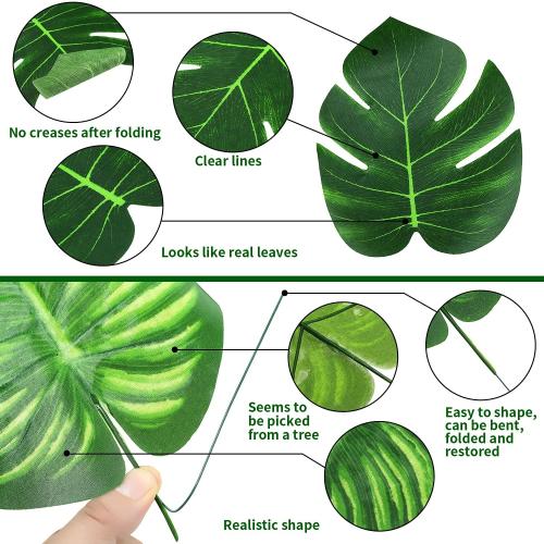 QUANQIUFEI 74 Pcs 7 Kinds Artificial Palm Leaves Tropical Fake Leaves, Monstera Leaf for Safari Jungle Hawaiian Dinosaur Luau Party Table Decoration Wedding Birthday Theme Party