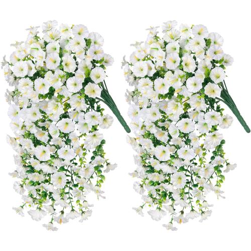 Artificial Faux Hanging Flowers Plants for Outdoor Decor,2 PCS Fake Silk Morning Glory with Eucalyptus UV Resistant Realistic Trailing Vines for Wall Home Porch Patio Balcony Yard Indoor Decor,White