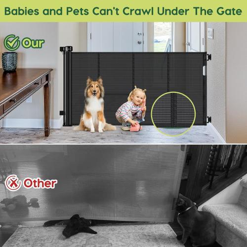 Reinforced 55 Wide Retractable Baby Gates with Reinforced Strips Retractable Dog Gate for the House Prevents Bottom Drilling Through Kid/Pet Mesh Baby Gate for Stairs Puppy Gates for the House, Black