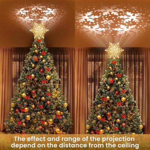 Christmas Tree Topper Lighted, 3D Glitter Snowflake Tree Topper Built-in LED Rotating Lights with 6 Projection Modes, Striking Christmas Tree Decoration (Gold)