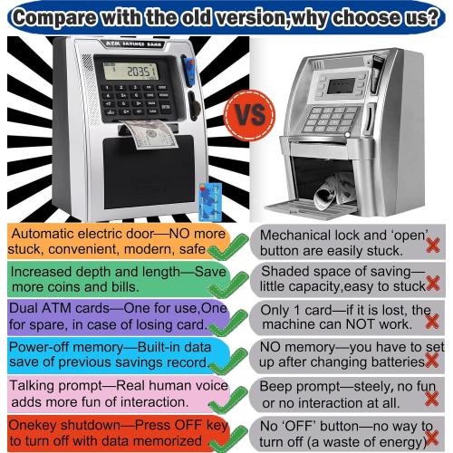 Fishboy Talking ATM Piggy Bank for Kids with Dual Debit Cards, Power-Off Memory, Auto-Opening Drawer for Real Money for Boys, Onekey Shutdown, Bill Feeder, Coin Recognition, Balance Calculator Machine