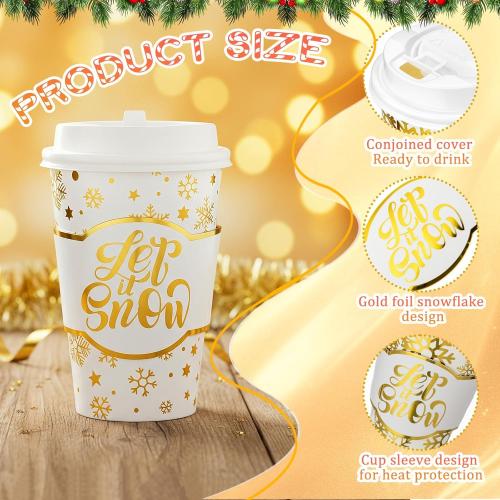 48 Sets 12 oz Christmas Disposable Paper Cups Gold Foil Winter Snowflake Coffee Cups with Lids and Sleeves Bulk for Hot Cold Tea Drinking Winter Birthday Wedding Holiday Party Favors