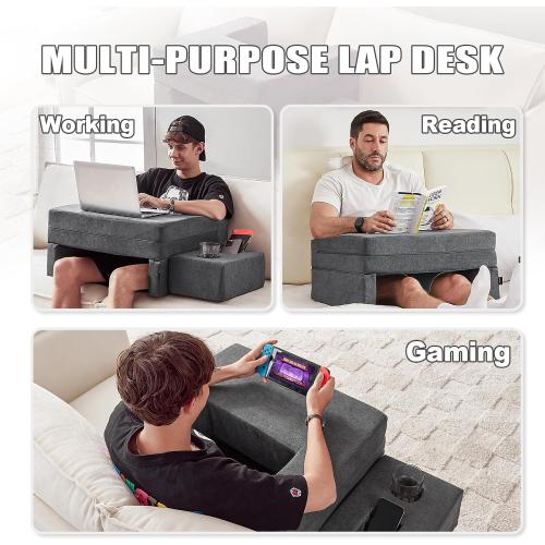 Lap Desk Pillow for Laptop, Large Reading Pillow for Adult, Arm Rest Pillow with Cup Holder, Memory Foam Bed Desk for Working, Gaming, Reading, Laptop Desk for Couch Bed Floor(Grey)