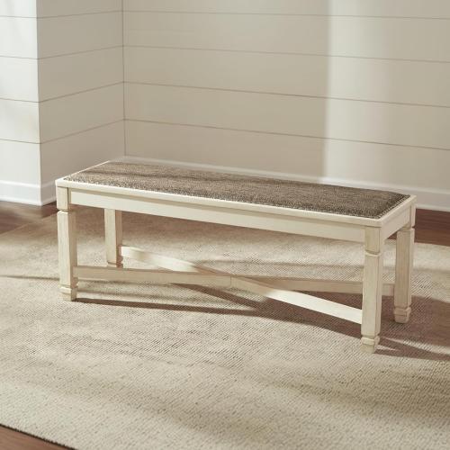 Signature Design by Ashley Bolanburg Casual French Country Upholstered Dining Room Bench with Nailhead Trim, Heavy Woven Fabric, Wood, Antique White & Tan