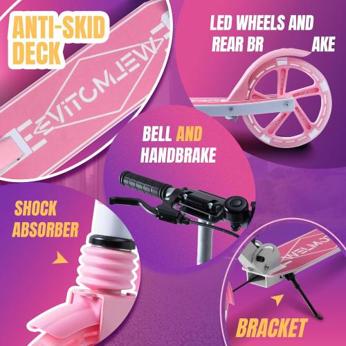 Color Pink Kick Scooter for Kids Ages 8  Teens & Adults, with Front handbrake and Rear Brake, and Adjustable Handlebars, Big Sturdy PU Flash Wheels Great Gift & Toy
