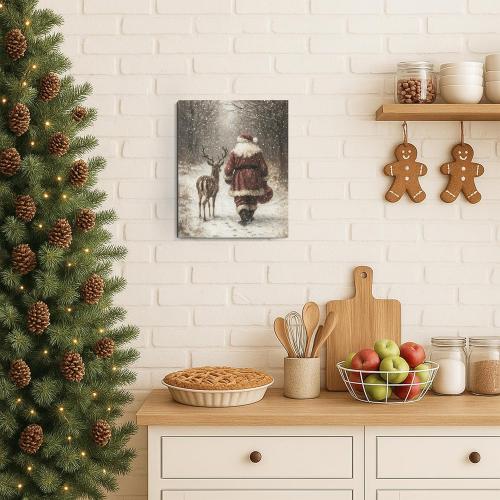 FGFK Vintage Christmas Reindeer and Santa Wall Art Decor Framed, Holiday Winter Christmas Decor, Rustic Xmas Snowy Forest Canvas Prints Poster Wall Decorations for Home Bedroom Living Room, 8x10 Inch