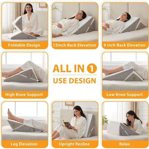 Ruqmuis Wedge Pillow Set for After Surgery, Adjustable 9&12 Inch Bed Wedge Pillow for Sleeping, Incline Pillow Wedge for Headboard, Post Surgery, Acid Reflux, Neck&Back Support, White/Grey