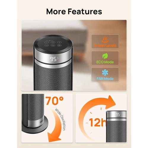 Dreo Space Heater for Large Room, 23 Inch Electric Heaters for Indoor Use, 8 Safe Protection Tower, 70° Oscillation, PTC Ceramic with Thermostat and Remote, Quiet, 12H Timer, Bedroom, Office