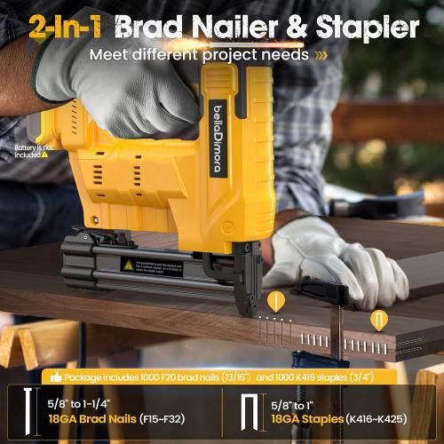 18GA Cordless Brad Nailer & Staple Gun - Compatible with Dewalt 20V Battery - 2-in-1 Brushless Nail Gun with 1000 Nails & Staples - Professional Home Improvement Tool(No Battery)
