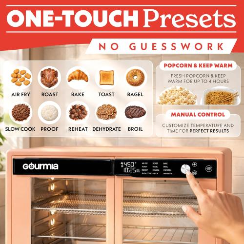Gourmia French Door Air Fryer Oven - 37 Qt Large Capacity Convection Toaster Oven, FryForce 360°, Digital Display, 12 Cooking Presets, Dehydrate, Fits 13” Pizza, Dishwasher-Safe, Peach‼️needs heavy cleaning ‼️