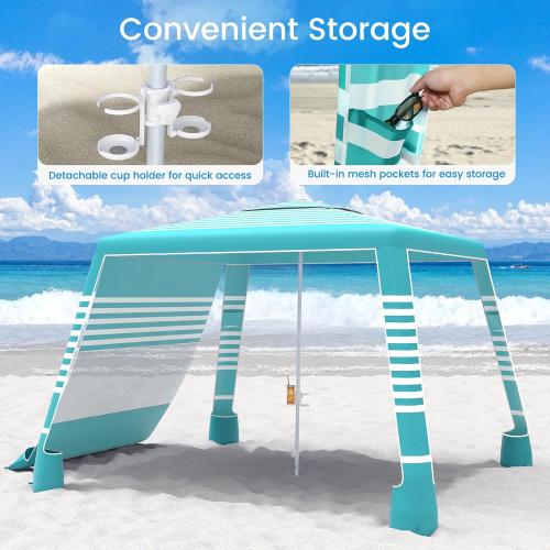 MoKo Beach Cabana, 8'×8' Large Beach Canopy with Side Wall, UPF 50  Protection Easy Setup Beach Tent Sun Shelter, Adjustable Height Wind Resistant Cabana Beach Tent for Whole Family, Green Stripe