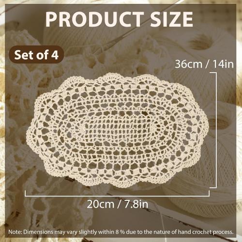 kilofly Crochet Cotton Lace Placemats Doilies 4pc, Oval, Beige, 7.8 x 14 inch