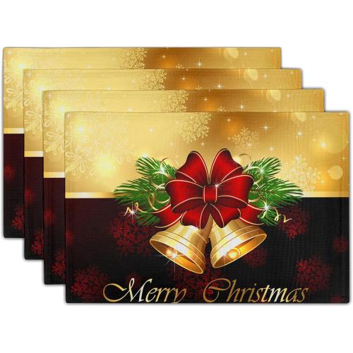 Giwawa Merry Christmas Placemats Set of 4, Winter Snowflakes Xmas Jingle Bell Red Bow Table Place Mats for Kitchen Dining Holiday Party Decor, Heat Resistant Non-Slip Washable, 12x18 Inch