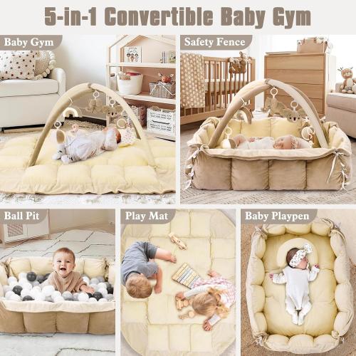 5-in-1 Plush Baby Play Gym & Activity Mat, Baby Play Mats, Baby Gym with Convertible Design, Tummy Time Mat with Pillow, 6 Sensory Toys for Newborn to Toddler, Cream