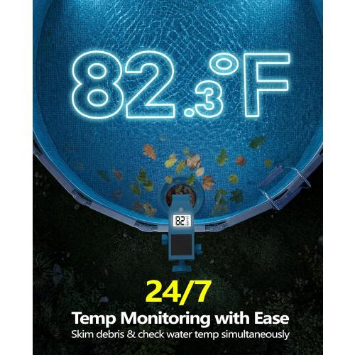 DeeprClean Above Ground Pool Skimmer with Backlit Solar Digital Thermometer | Wall Mount Surface Skimmer with Adjustable Height Bracket, Auto Skimming for Pool Surface Floating Leaves & Debris -Blue
