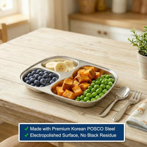Korean Stainless Steel Divided Plates for Toddlers, Kids, Babies, Premium 304, Electro-Polished, No Black Residue, BPA-Free, 3-Compartment Plate, Food Tray for Camping, Balanced Meals, Set of 2