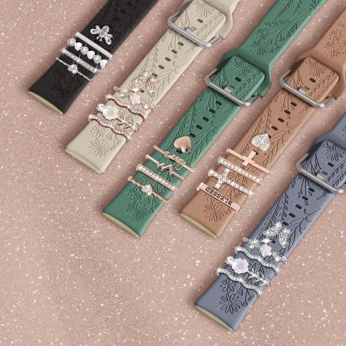 Wildflower Engraved Bands Compatible with Fitbit Sense 2, Versa 4/3, Sense Band with Charms, Soft Silicone Replacement Wristbands Strap with Cute Decorative Rings Accessories for Women