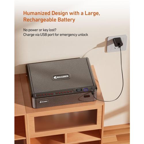 BILLCONCH Smart Gun Safe with Security Cable - Biometric Pistol Safe for Handgun 4 Ways Quick Access with Fingerprint/Keypad/Key/APP Lock, for Nightstand Bedside Home Car with LCD and Voice Guide