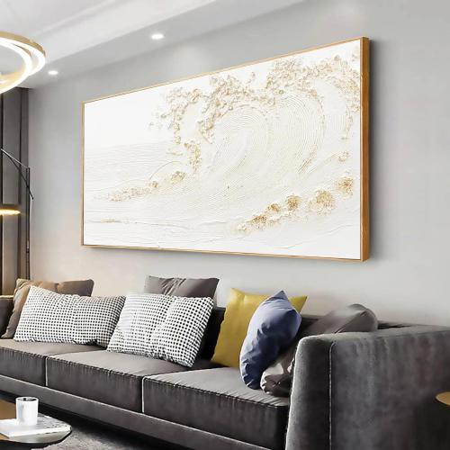 White and Gold Wall Art Small Size Framed Home Artwork Decor Hand Painted White wave with golden embellishments Modern Canvas Painting For Living Room Decor For Bedroom Office Wall Decor