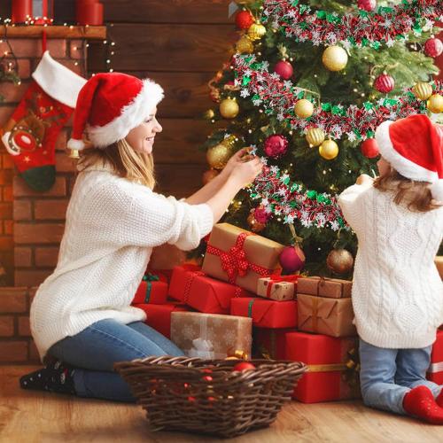 33 FT Christmas Tinsel Garland, Red Green White Metallic Twist Foil Tinsel Garland with Snowflake and Xmas Tree Hanging Decoration for Christmas Tree Wedding Birthday Home Party Decoration