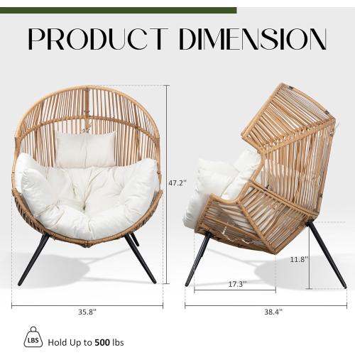 Egg Chair Wicker Outdoor Chairs, Oversized Patio Chair Oversized Lounger Chair with Cushion for Indoor Living Room, Bedroom, Outside Patio Backyard Balcony, Beige