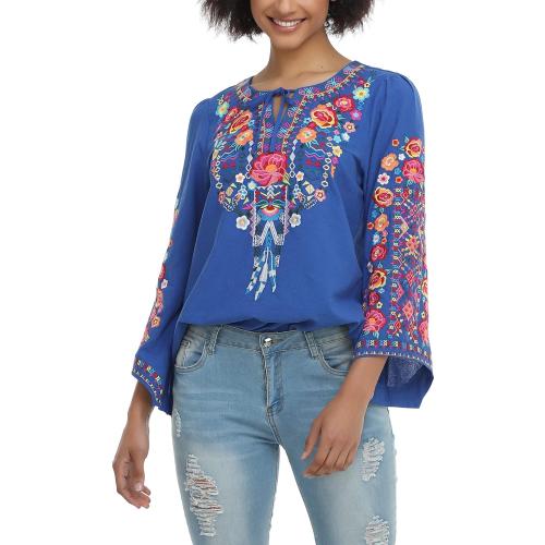 YZXDORWJ Women's Mexican Long Sleeve Blouse Embroidered Traditional V Neck Top Boho Tunic