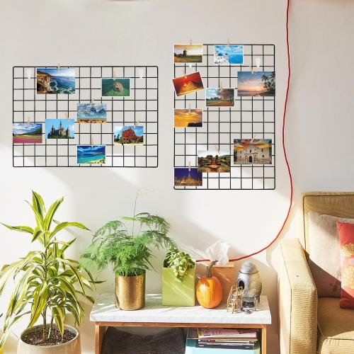 GBYAN 2 Pack Wire Wall Grid Panels with Lights and Clips Large Photo Board for Picture Display Wall Organizer Grid Wall Shelf for Home Office, Room Decoration for Teenagers and Adults