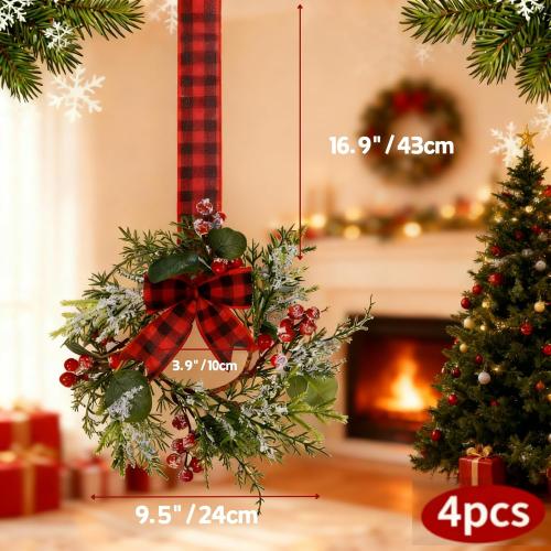 4 Pcs 9.5 Mini Christmas Wreath for Cabinets, Christmas Wreath for Kitchen Decor, Mini Wreaths with Ribbon and Cherry, Door or Kitchen Decor