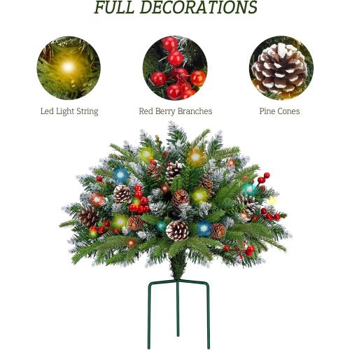 Set of 2 Christmas Planter/Urn Fillers Outdoor Front Porch, Artificial Prelit Christmas Tree with Remote, Holiday Pot Fillers with Timer, Multi-Color Lights, Outdoor Christmas Decorations Yard