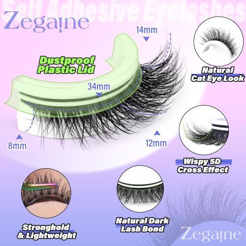 Black Natural Self Adhesive Lashes Cat Eye Lashes Wispy Self Adhesive Eyelashes No Glue Needed D-Curly Reusable Natural Strip Lashes Cat Eye False Eyelashes Natural Look by Zegaine