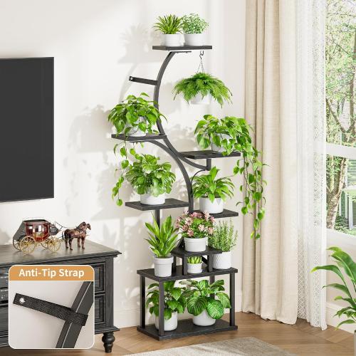 Plant Stand Indoor with Grow Lights - 62 Tall Plant Shelf, Lighted Corner Plant Stands for Indoor Growing, 8 Tiered Large Flower Holder, S-Shaped Plants Rack for Living Room, Patent Design, Black