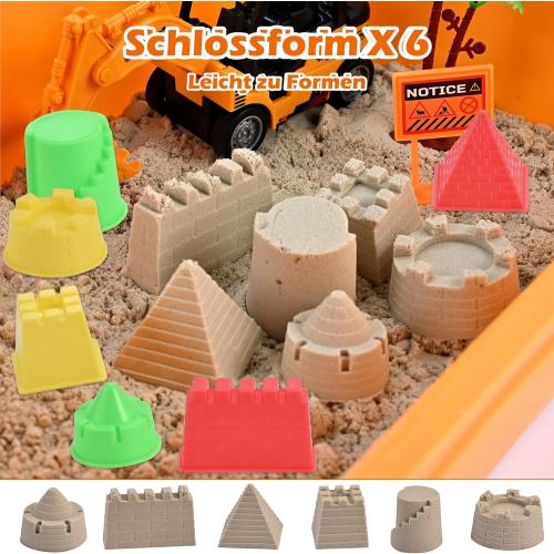 34Pcs Sand Construction Site Kit Sensory Bin Toy for Toddler with 8 Vehicles, 6 Castle Molds, 5 Road Signs, 4 Worker Figures, 2.2lbs Sand, Learning Sand Toys Birthday Gift for Kids Boys Ages 3 4 5