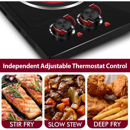 CUSIMAX Double Burner, 1800W Ceramic Electric Hot Plate for Cooking, Dual Control Infrared Cooktop, Portable Countertop Burner, Glass Plate Electric Cooktop, Stainless Steel Black